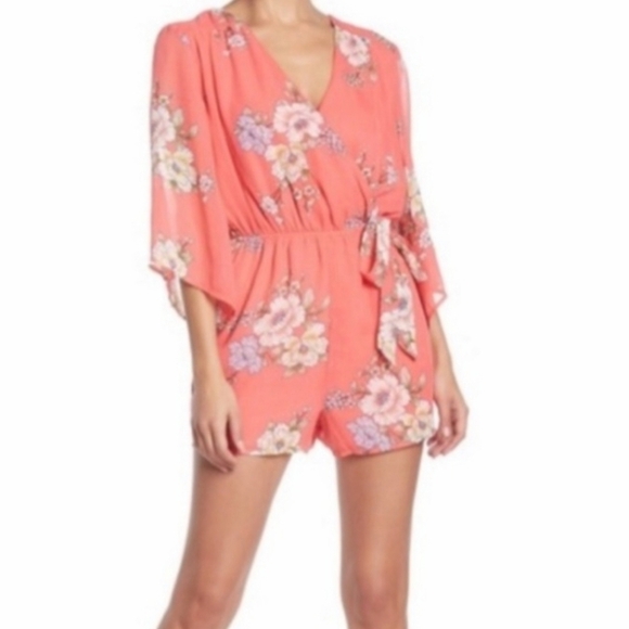 Bailey Blue pink floral print wrap v neck romper with bow keyhole back - Picture 1 of 14